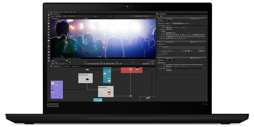 Un écran d'ordinateur portable affichant un logiciel de montage vidéo avec une scène de foule et une interface de montage montrant divers panneaux et contrôles.