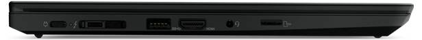 Vue latérale d'un ordinateur portable fermé montrant divers ports, notamment USB, HDMI, Ethernet et l'entrée d'alimentation, indiquant les options de connectivité.