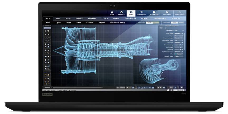 Ordinateur portable affichant un modèle CAO 3D d'un moteur à réaction sur l'écran, avec un plan détaillé et divers outils de conception visibles.