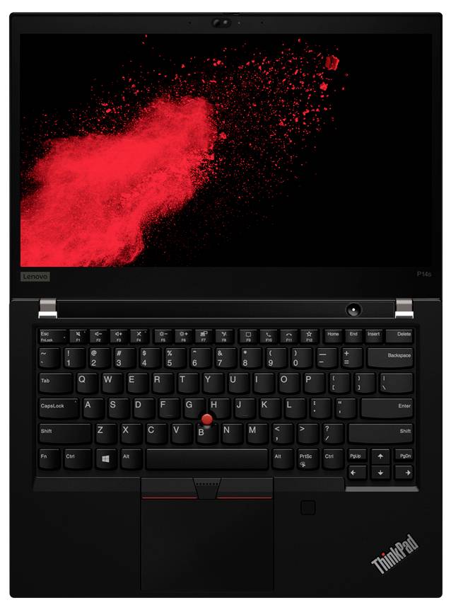 Un ordinateur portable noir avec un écran présentant un design éclaboussure rouge, mettant en valeur un clavier doté d'un pavé tactile bordé de rouge et la marque « ThinkPad ».