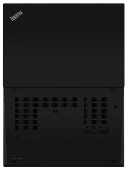 Un ordinateur portable Lenovo ThinkPad noir fermé, vu de dos, montrant les grilles de ventilation et le logo emblématique.