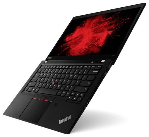 Un ordinateur portable noir avec un design abstrait rouge sur l'écran. L'ordinateur est ouvert à un certain angle, montrant le clavier et le point de suivi.