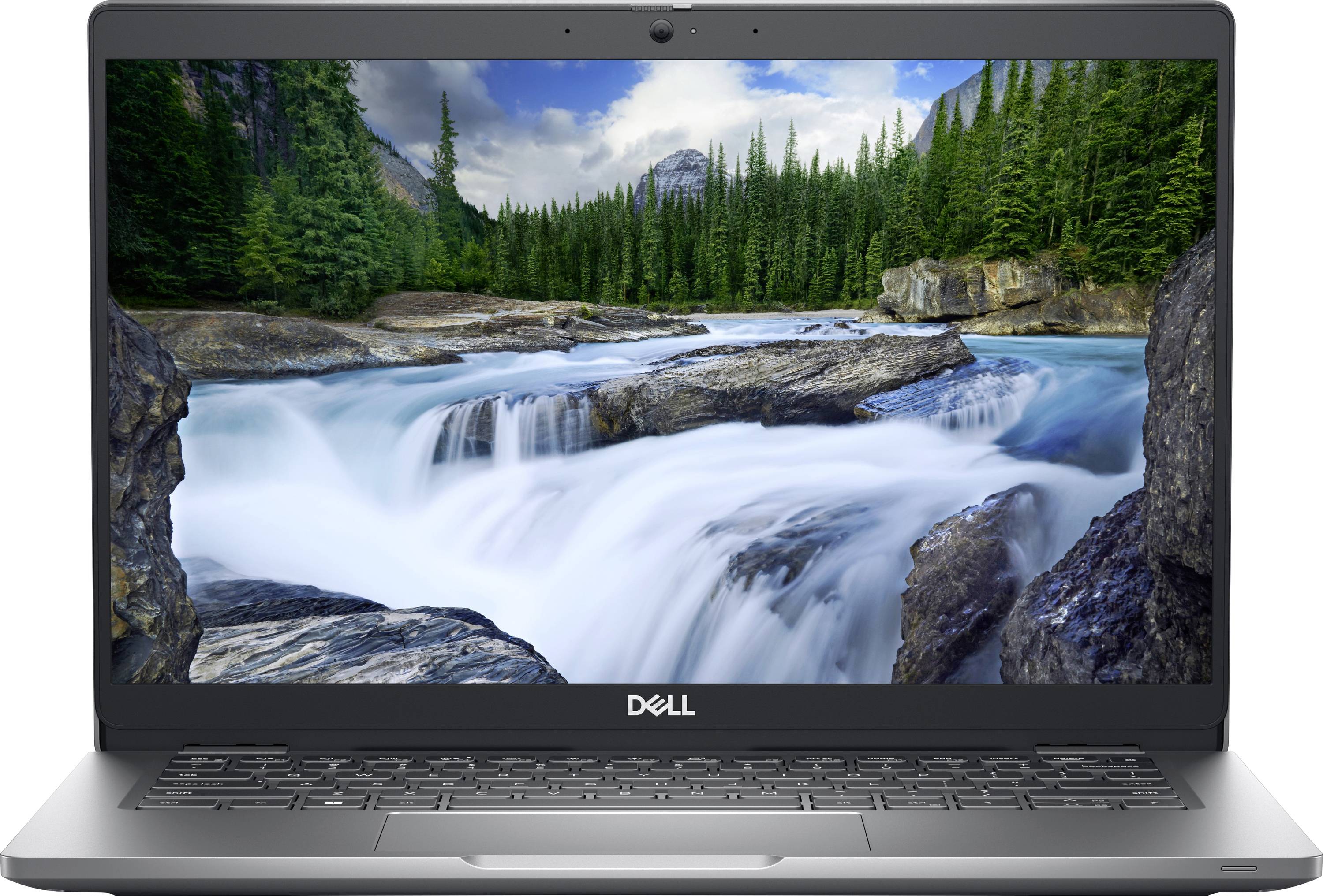 Un ordinateur portable Dell affiche un paysage serein sur son écran, avec une rivière coulante entourée de pins luxuriants et de montagnes lointaines.