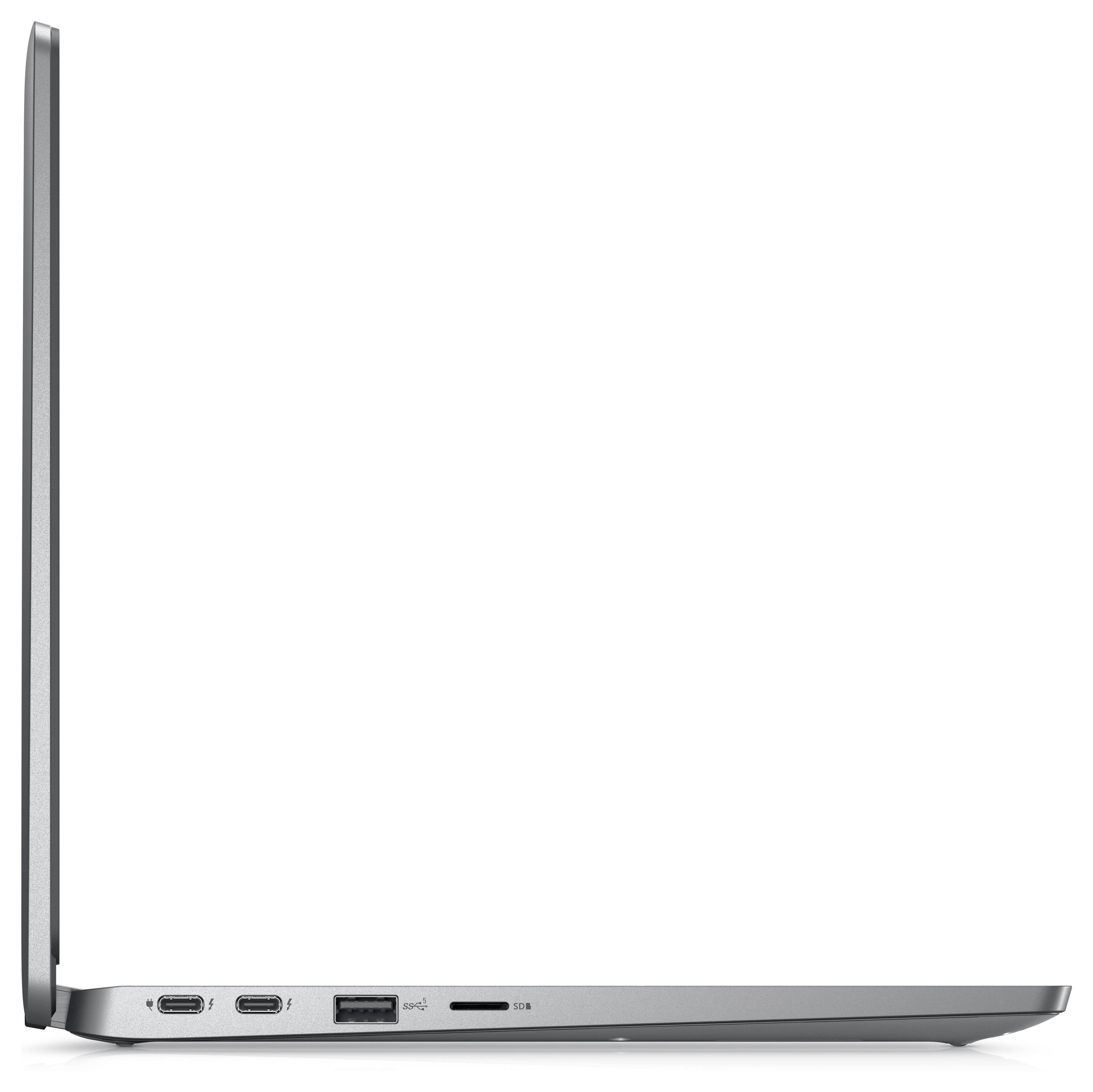 Un ordinateur portable fin et argenté vu de côté, montrant deux ports USB-C, un port USB-A et une prise audio. L'écran est partiellement ouvert.