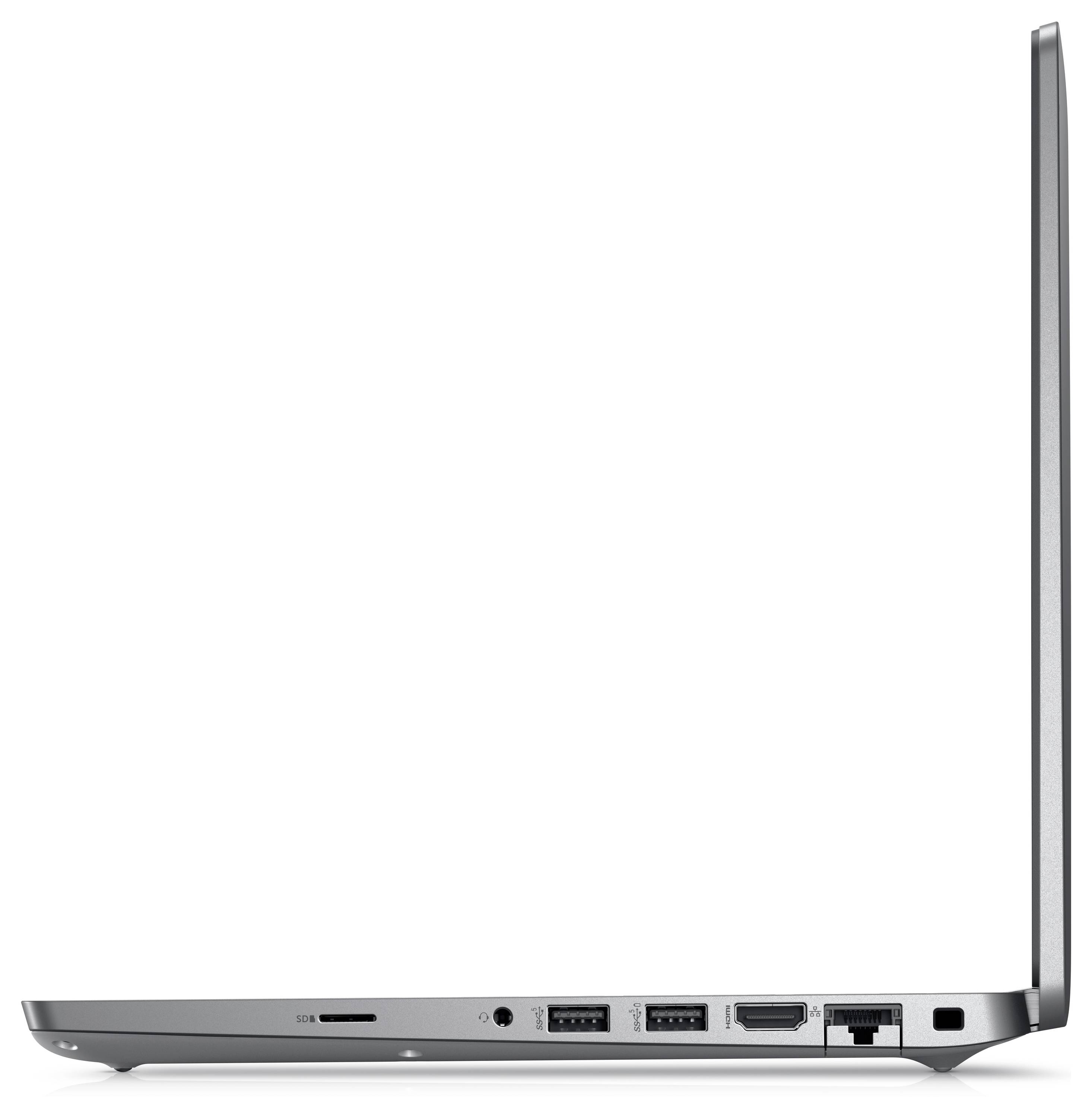 Profil latéral d'un ordinateur portable fin et argenté, partiellement ouvert. Les ports visibles comprennent USB, HDMI, Ethernet et un lecteur de carte SD.