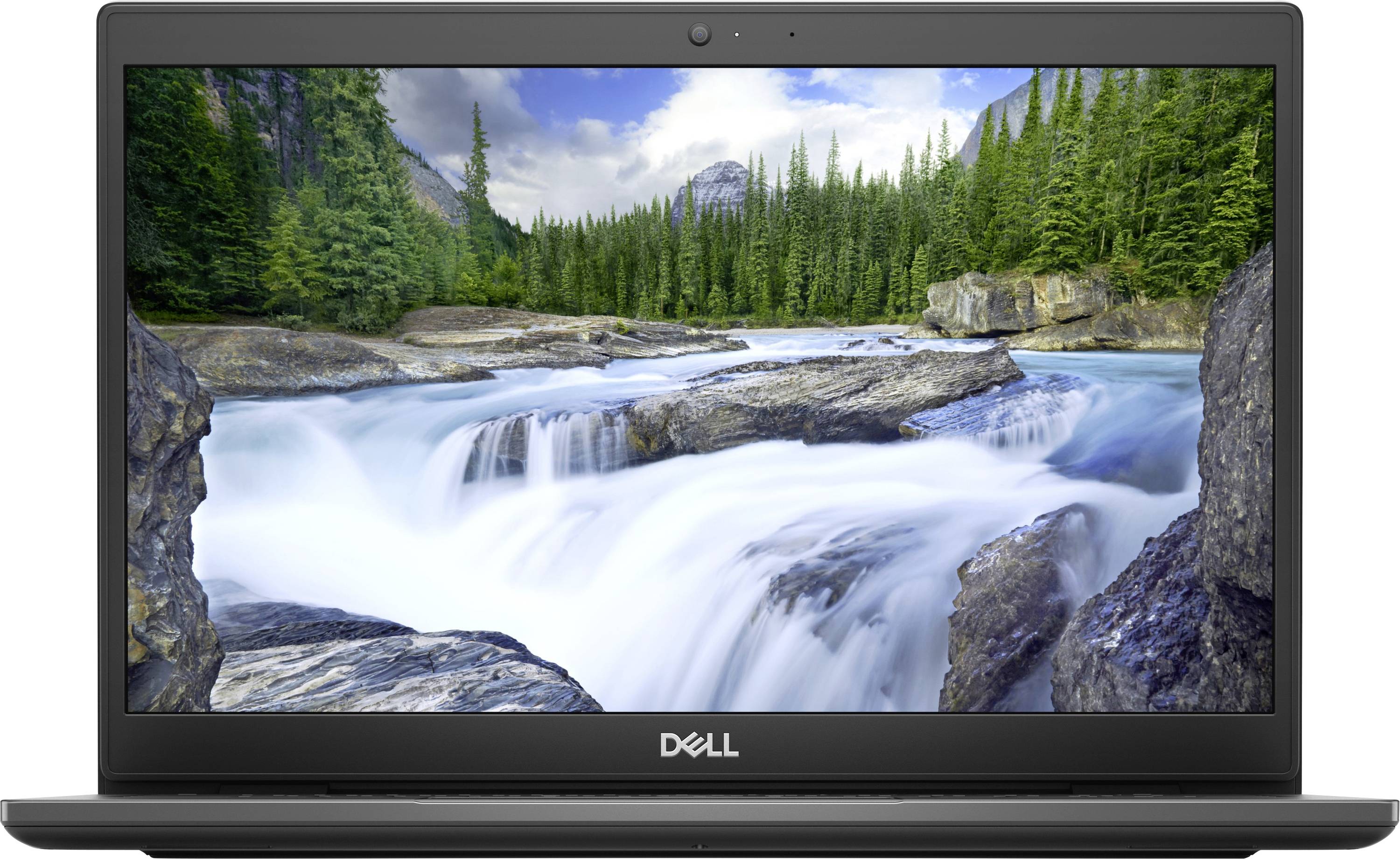 Un ordinateur portable Dell affiche un économiseur d'écran représentant une rivière sereine coulant à travers un terrain rocailleux, avec des arbres verts luxuriants et des montagnes en arrière-plan.