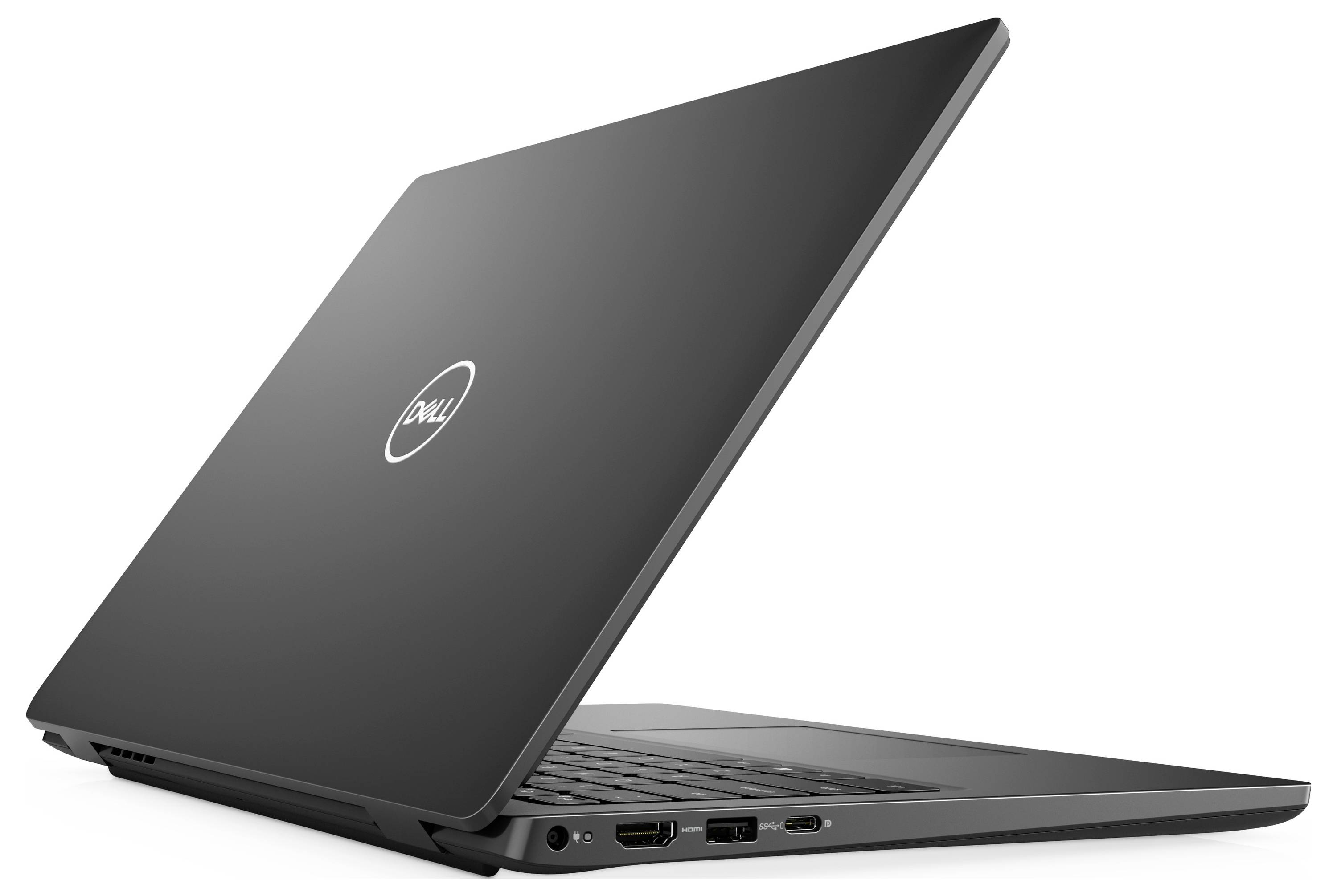 Un ordinateur portable noir et élégant avec le logo de la marque au dos, à moitié ouvert, dévoilant son clavier et différents ports sur le côté.
