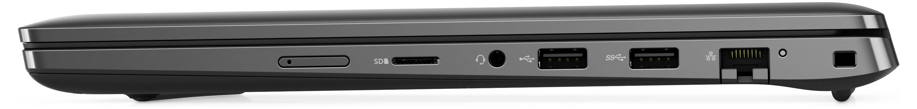 Un ordinateur portable vu de côté montrant les ports, notamment un port USB-C, deux ports USB, un port HDMI et un port Ethernet.