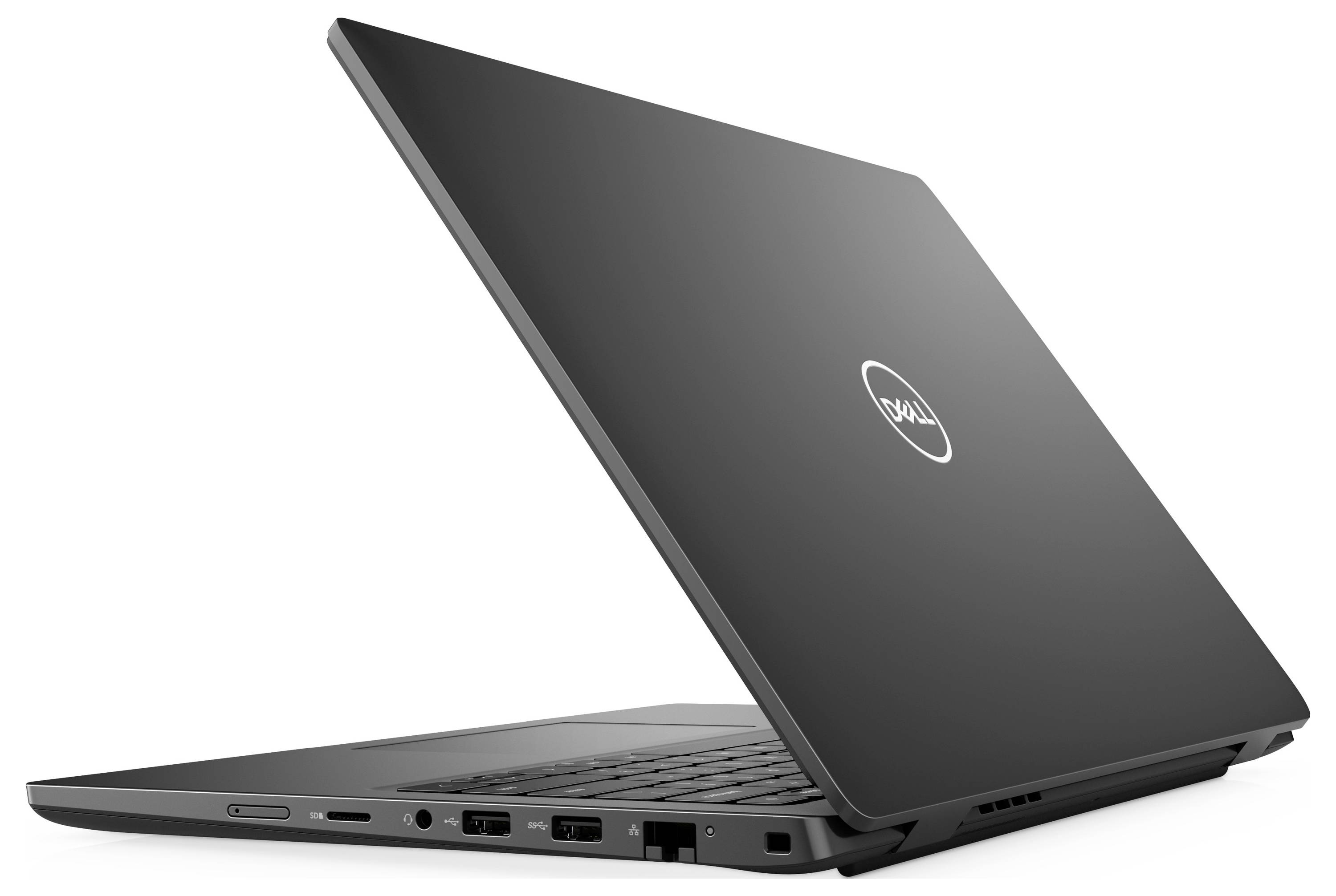 Un ordinateur portable noir à moitié ouvert, montrant une vue arrière et latérale des ports, comprenant des ports USB et HDMI. Le logo de la marque est visible sur le couvercle.