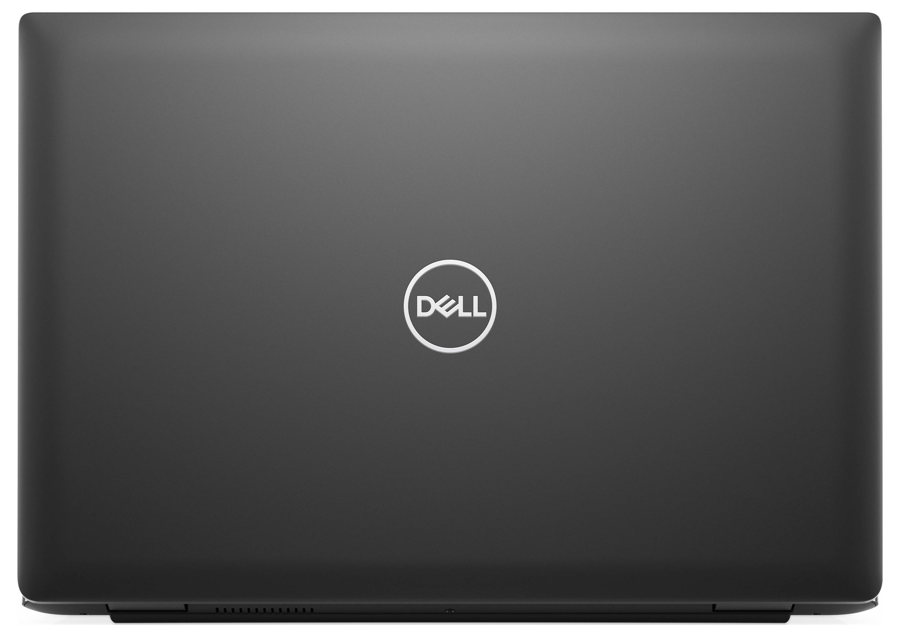 L'image montre un ordinateur portable Dell fermé avec le logo Dell centré sur le couvercle. L'ordinateur portable est noir mat et présente un design minimaliste.