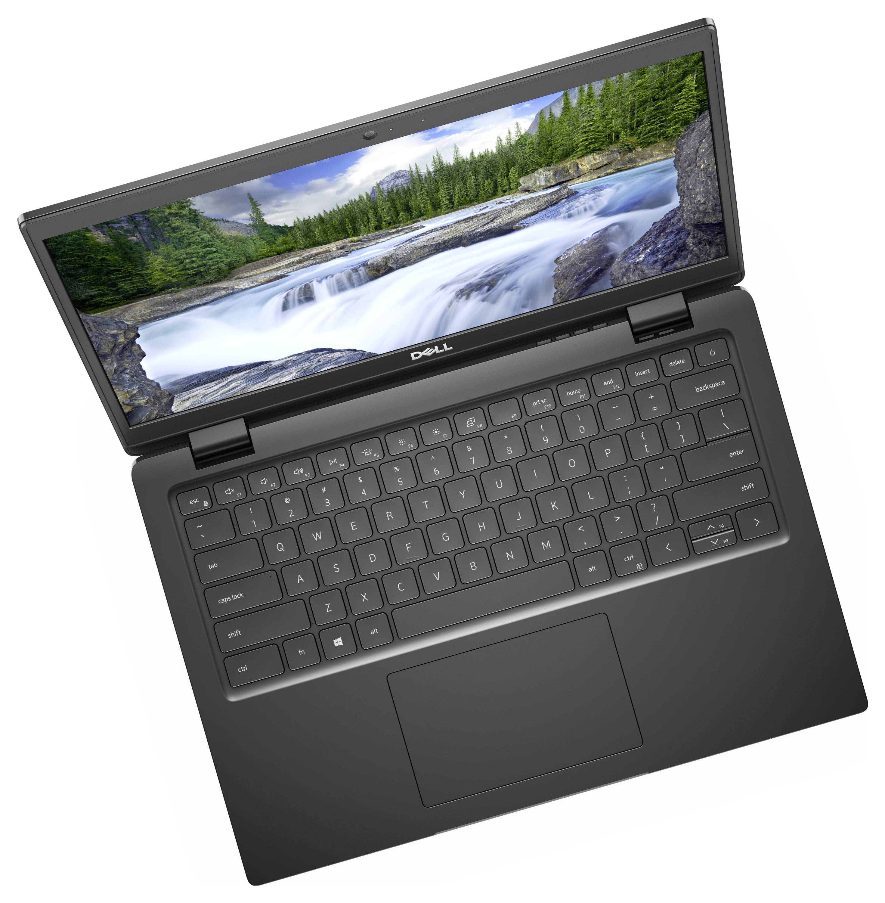 Un ordinateur portable noir avec une image de cascade sur l'écran, entouré d'une forêt. Le clavier est visible, montrant une disposition QWERTY typique.