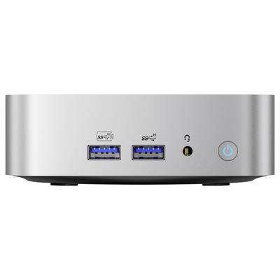 Un petit ordinateur de bureau argenté avec des ports USB, une prise audio et un bouton d'alimentation sur le panneau avant.