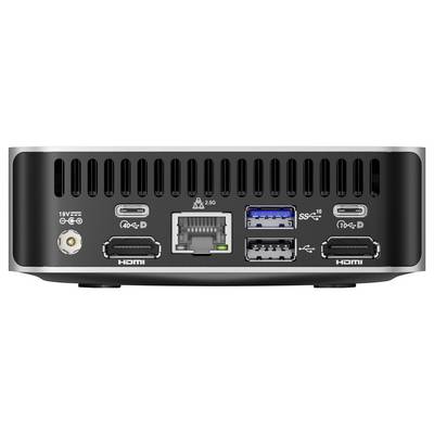 Vue arrière d'un ordinateur avec divers ports incluant deux HDMI, deux USB, Ethernet et entrée d'alimentation, indiquant les options de connectivité.