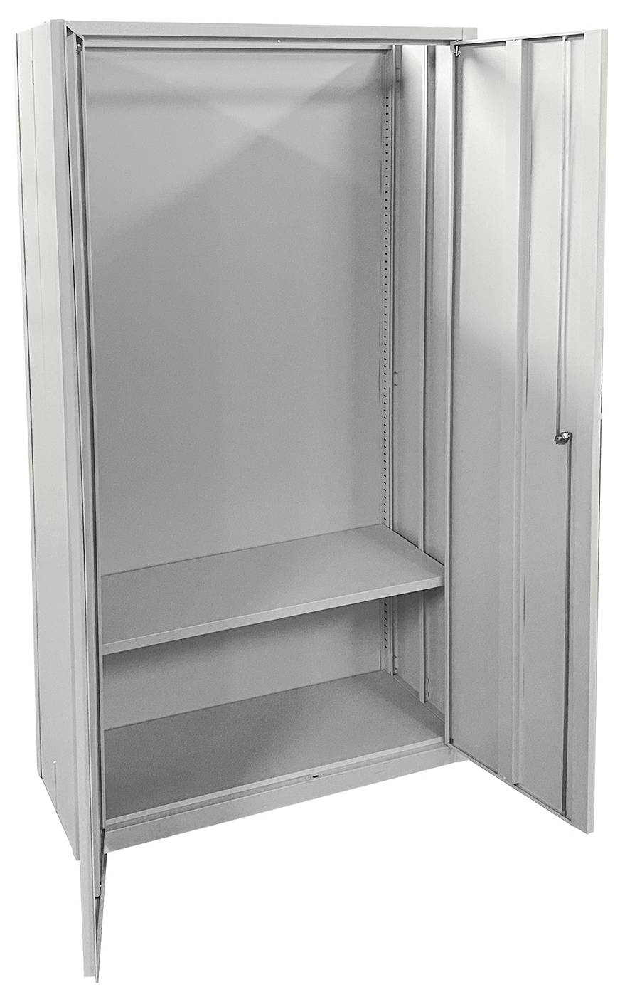 Une armoire de rangement en métal gris avec une porte ouverte, révélant deux étagères à l'intérieur.