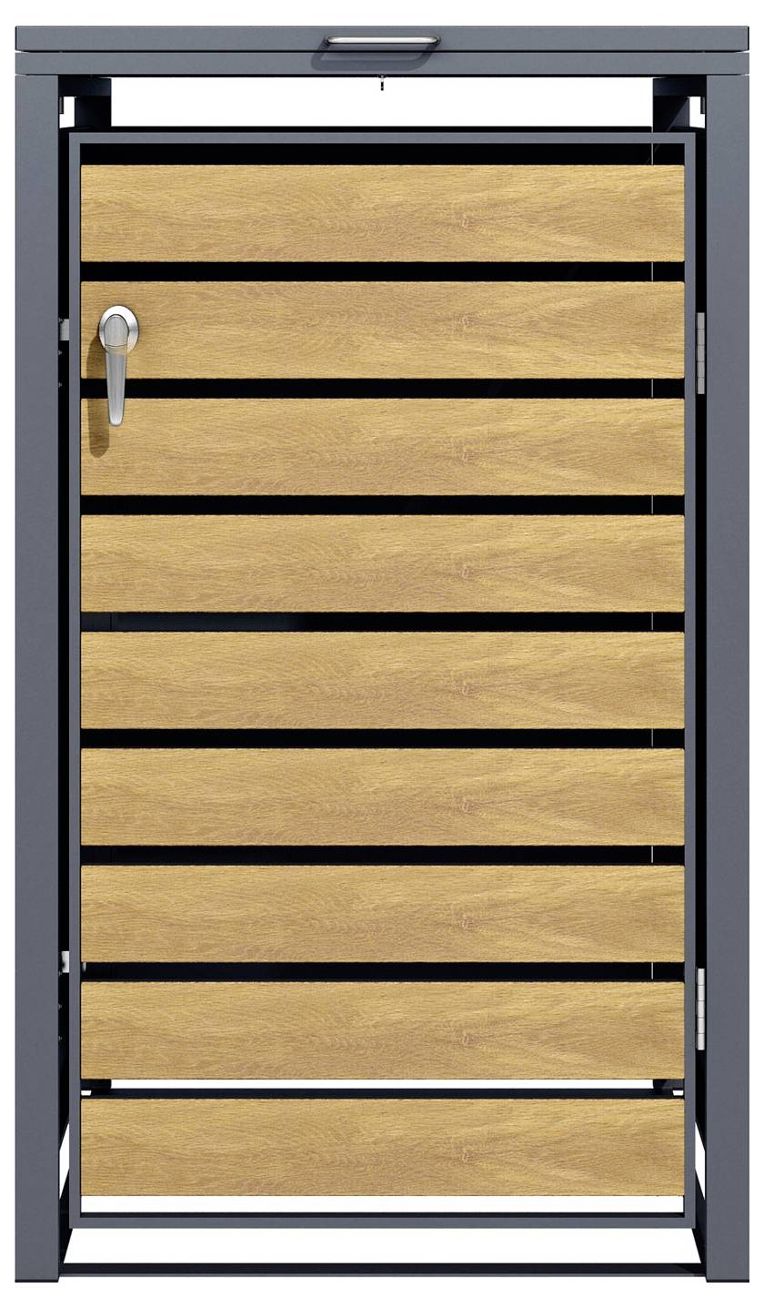 « Une portail en bois moderne avec des planches horizontales encadrées par une structure métallique sombre et une poignée sur la gauche. »