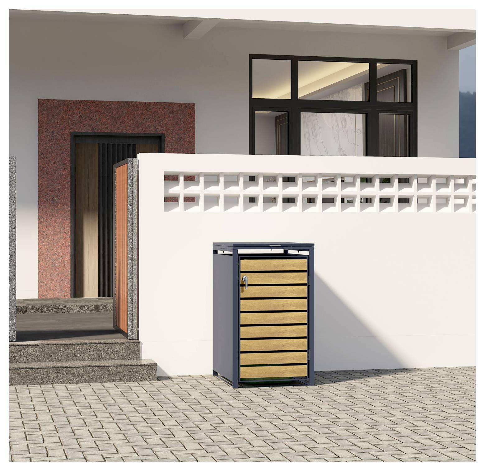 Un abri-poubelles en bois et en métal est situé sur une zone pavée devant une maison moderne aux murs blancs et aux grandes fenêtres.