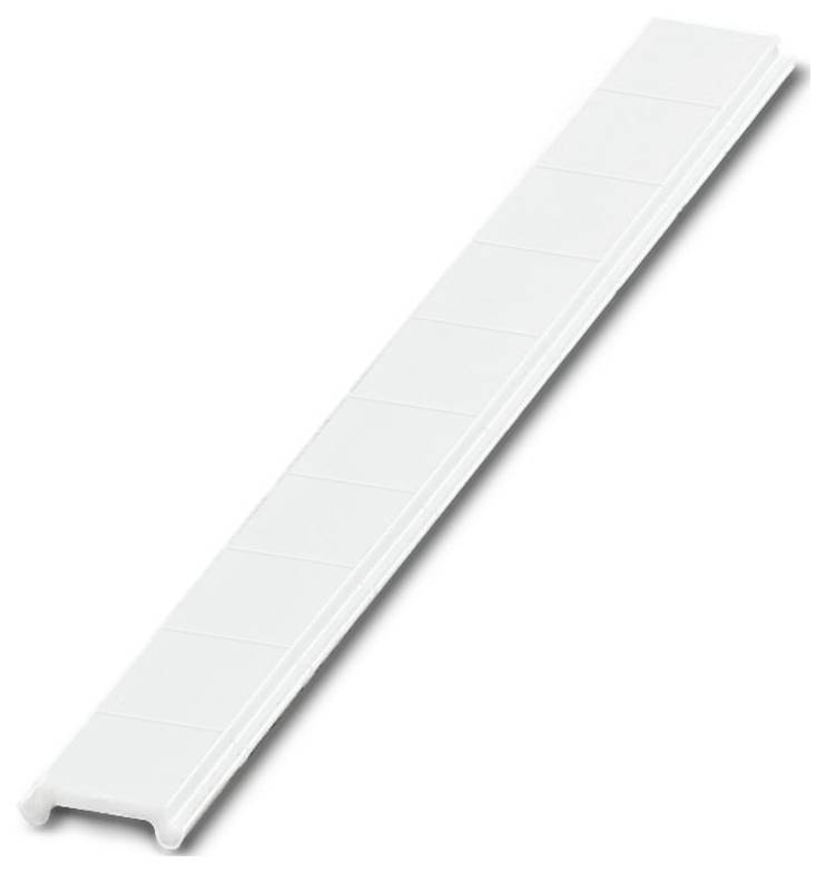 Un rouleau d'étiquettes blanches avec des rectangles jaunes et des fentes découpées, utilisé pour organiser ou identifier des articles, partiellement déroulé.