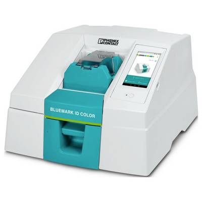 Imprimante « Bluemark ID Color » de Phoenix Contact, présentant son interface à écran tactile. Utilisée pour l'impression d'étiquettes et de marqueurs en couleur.
