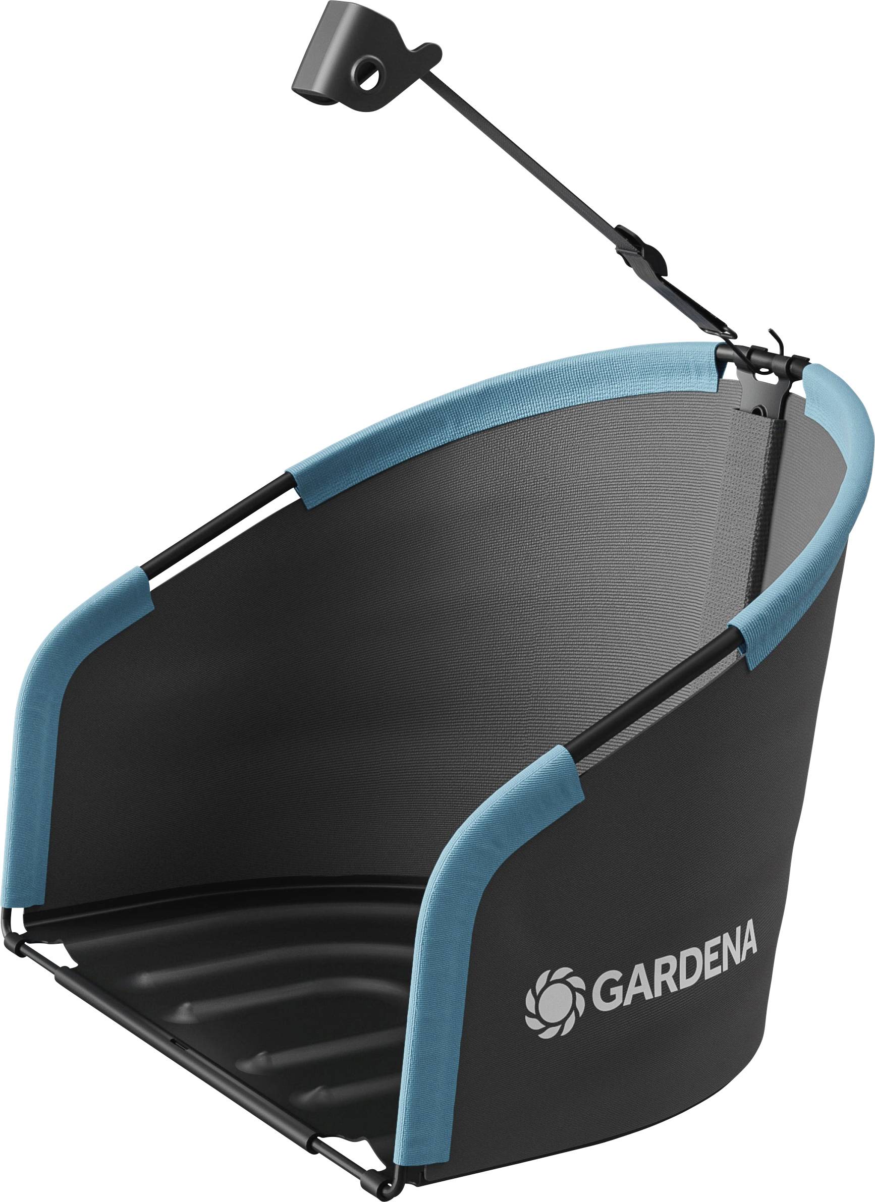 Conteneur de collecte de déchets de jardin Gardena, forme ovale avec un support de maintien et une poignée pour un transport facile, portant la marque 'Gardena'.