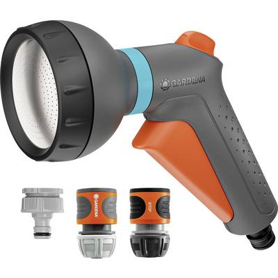 Buse de pulvérisation pour tuyau d'arrosage Gardena avec tête ajustable et trois connecteurs compatibles, conçue pour des tâches d'arrosage polyvalentes.