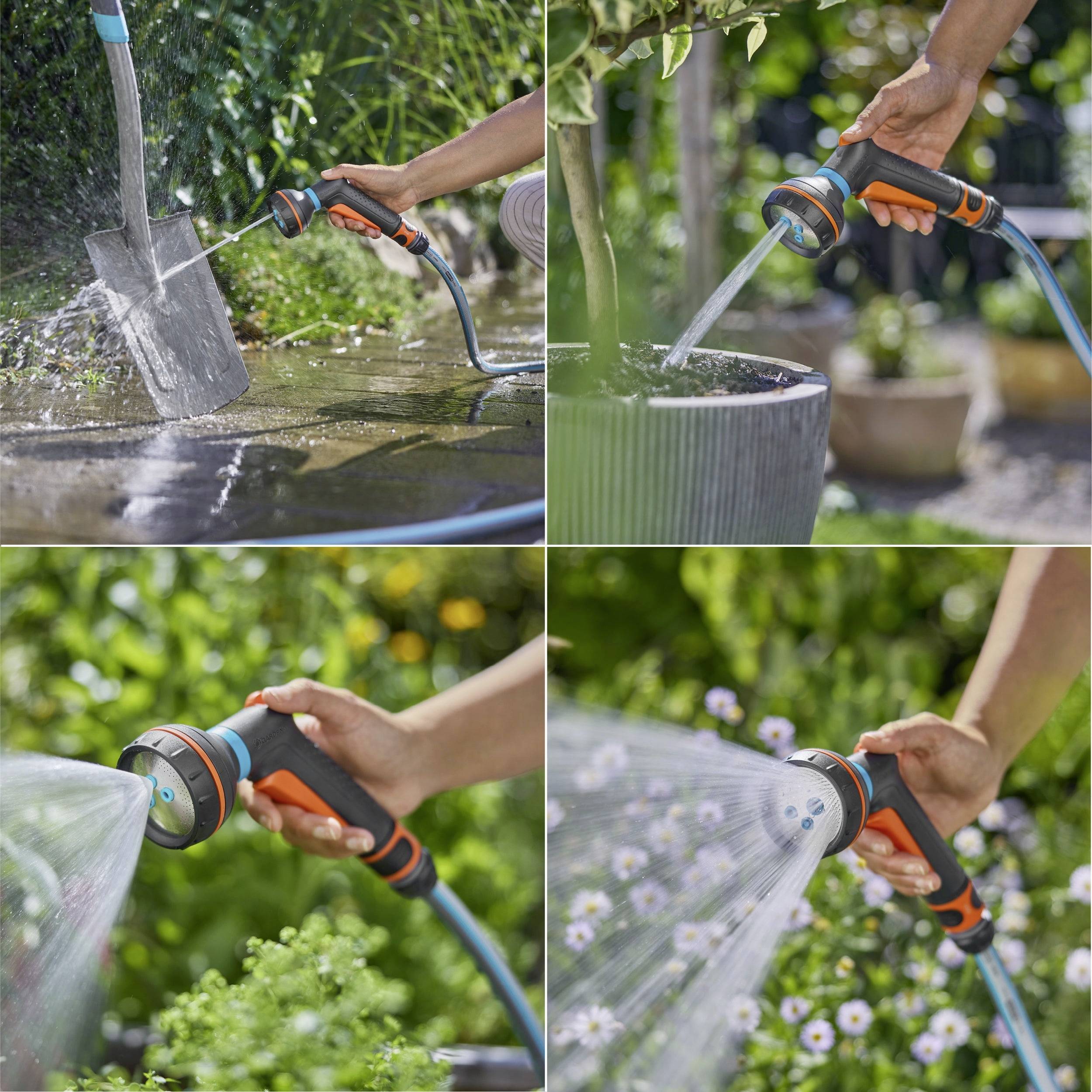 Une image multiple montrant une personne utilisant un tuyau d'arrosage pour arroser des plantes et rincer une pelle, démontrant différents réglages de jet du tuyau.