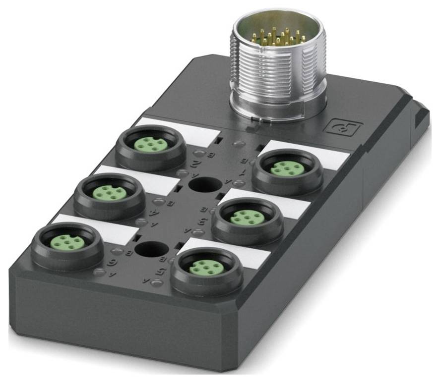 Un bloc connecteur électronique rectangulaire noir avec six ports circulaires verts et un connecteur métallique plus grand sur le dessus.