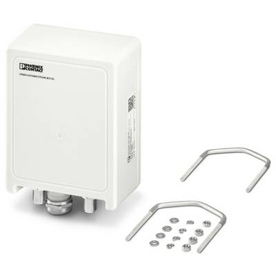 Une boîte blanche de qualité industrielle, étanche aux intempéries, avec une étiquette, des supports métalliques, des vis et des rondelles, pour une installation sécurisée des composants électriques.