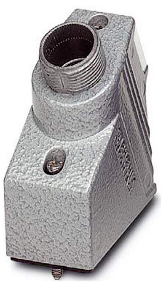 Connecteur électrique industriel métallique, coudé, gris avec une finition texturée, doté d'un sommet fileté et de deux vis pour un assemblage sécurisé.