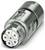 « Gros plan d'un connecteur électrique métallique cylindrique avec plusieurs broches, montrant un design en acier détaillé et épuré. »