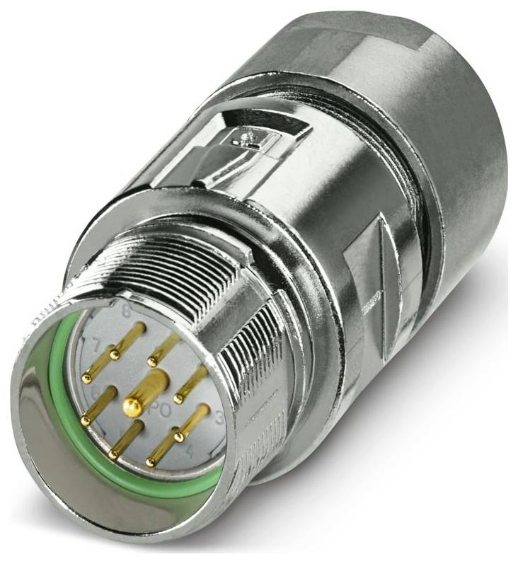 Un connecteur industriel métallique avec plusieurs broches pour des connexions électriques sécurisées, présentant un design cylindrique robuste.