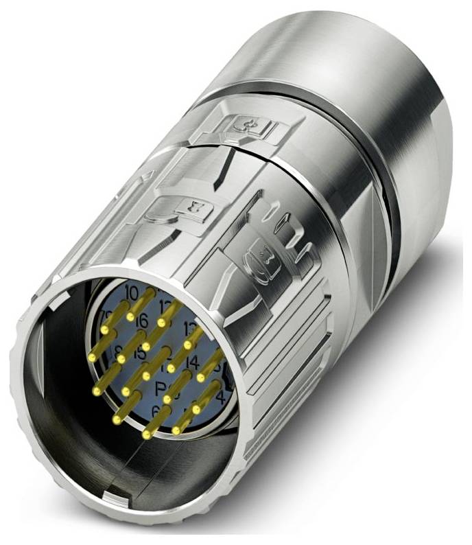 Un connecteur cylindrique métallique avec plusieurs broches dorées à l'intérieur, numérotées pour l'identification, utilisé pour les connexions électriques sécurisées.