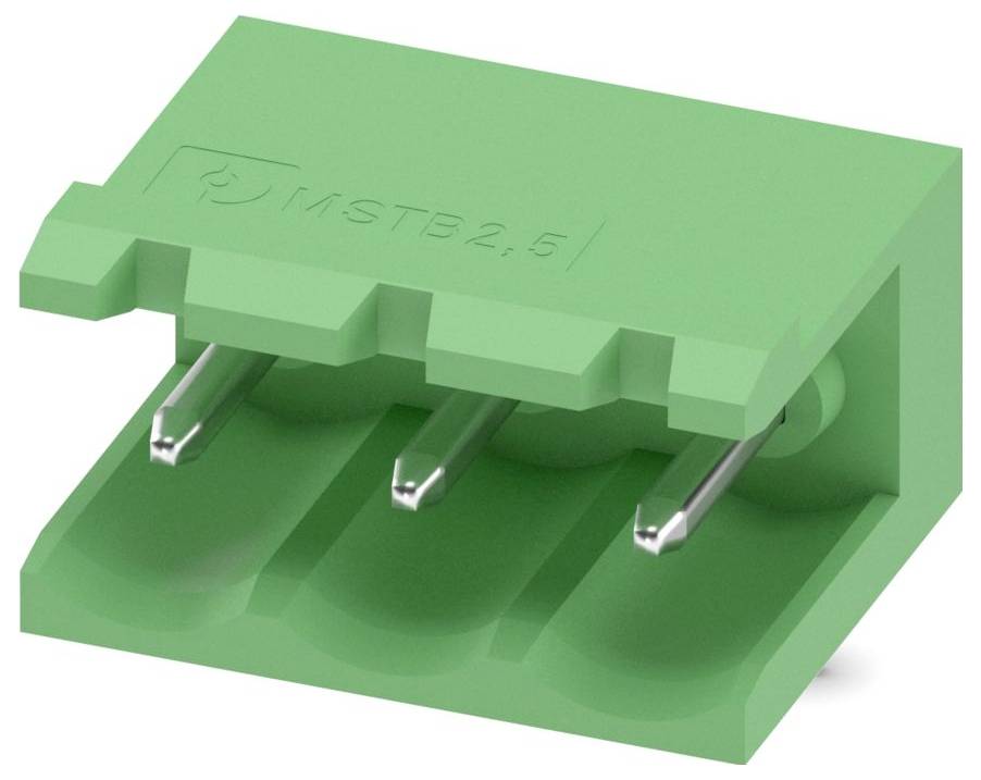 Connecteur électrique vert à trois broches, étiqueté « MSTB 2,5 », utilisé pour les connexions de cartes de circuit, présentant un design compact et rectangulaire.