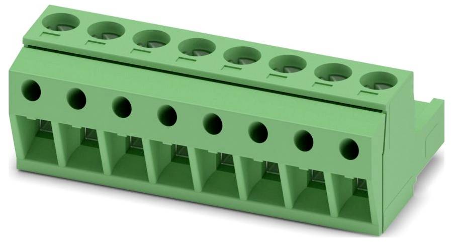 Un bloc de bornes à vis vert avec huit points de connexion conçu pour fixer les fils électriques dans les circuits électriques ou les appareils.