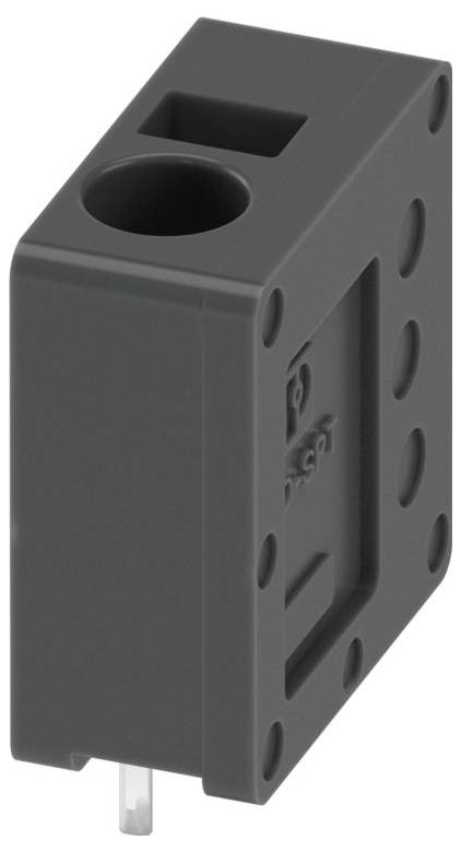 Un composant électronique rectangulaire gris avec de multiples trous et une fente cylindrique à la partie supérieure, conçu pour être monté sur une carte de circuit.