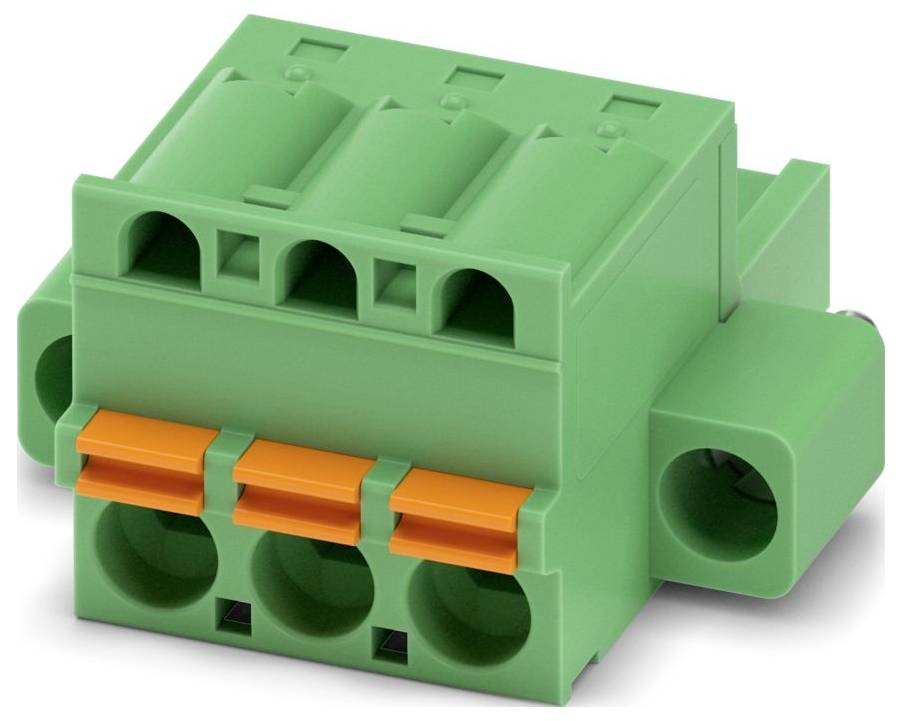 Un bloc de bornes vert avec trois leviers orange pour fixer les fils. Adapté aux connexions électriques ou électroniques.
