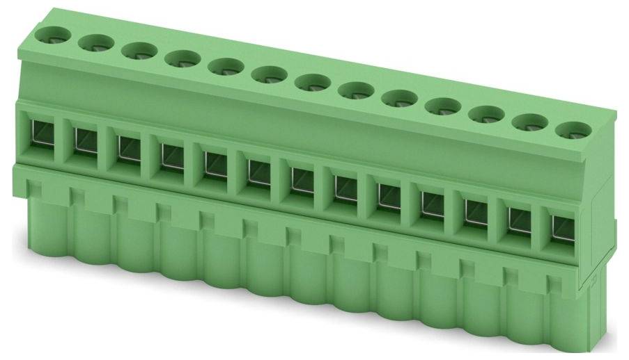 Connecteur de bloc terminal vert avec plusieurs emplacements de broches pour les connexions électriques.