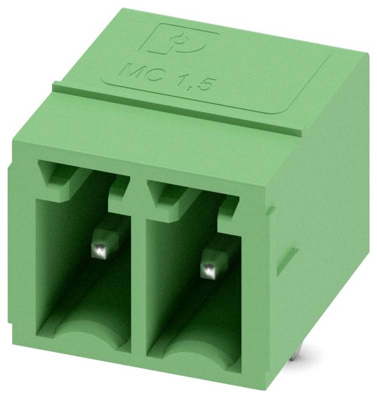 'Connecteur électrique en plastique vert avec deux fentes et étiqueté MC 1.5.'
