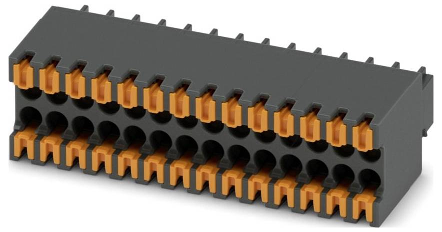 « Un bloc de bornes double rangée noir et orange comportant plusieurs points de connexion, utilisé pour le câblage électrique et les connexions de circuits. »