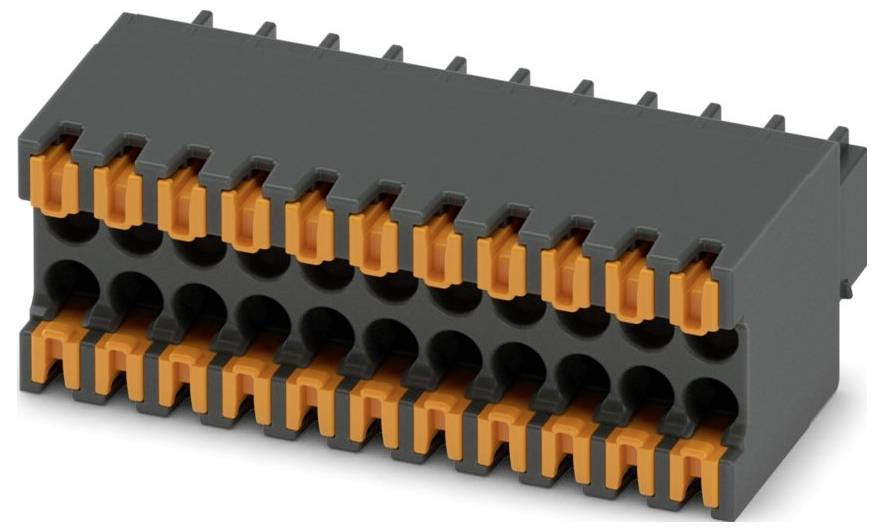 Un bloc de connecteurs électriques rectangulaire noir et orange avec plusieurs ports pour les connexions de câblage.
