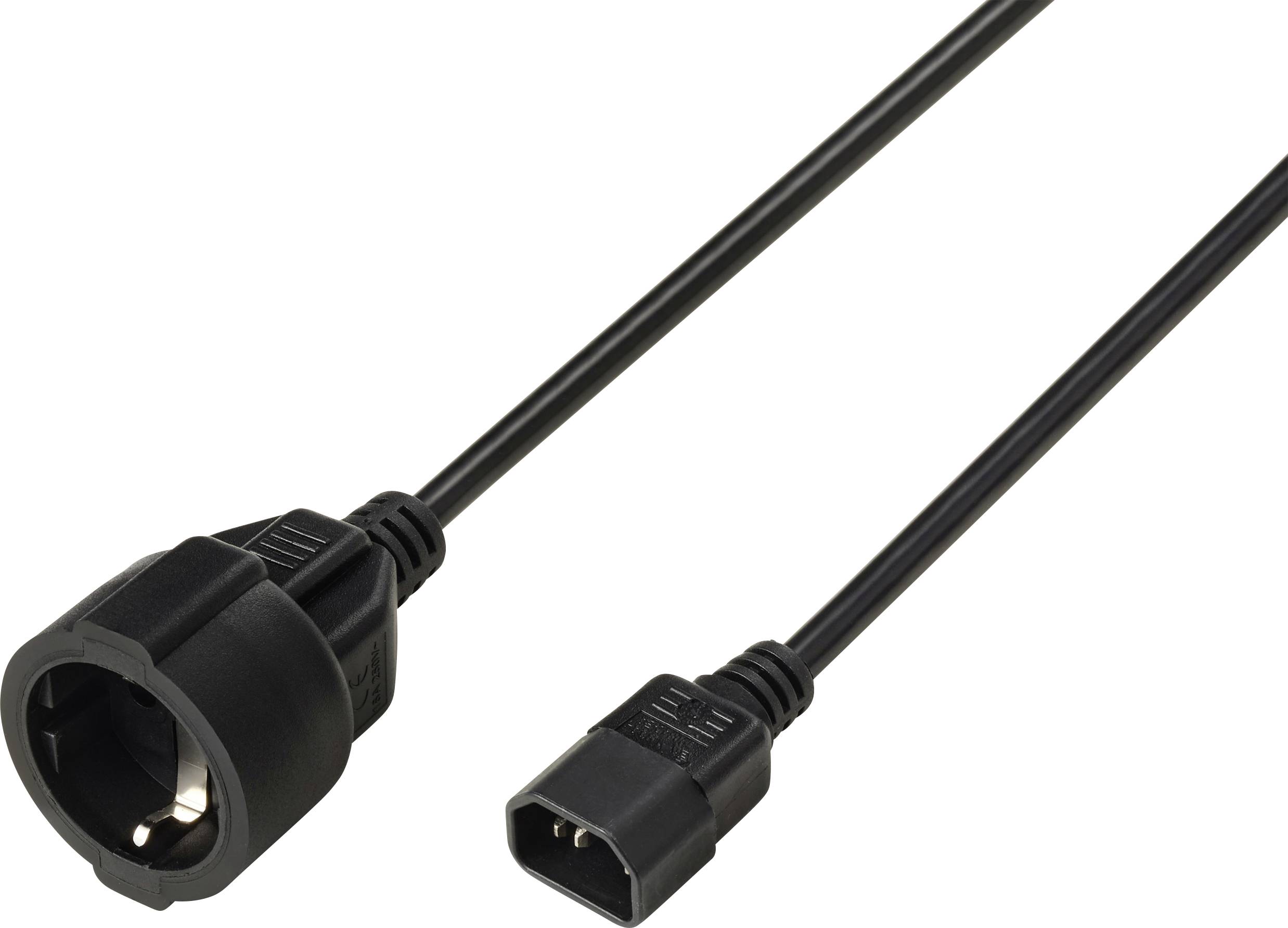 Image d'un câble de rallonge électrique européen avec une prise femelle à une extrémité et une fiche mâle à l'autre extrémité, conçu pour les connexions électriques.