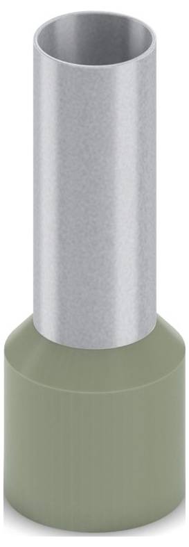 Une virole de sertissage en fil de couleur argent et vert. La section verte est la partie isolée pour faciliter l'insertion du fil, et l'extrémité argentée sertit le fil.