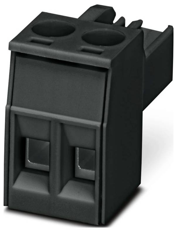 Un connecteur électrique noir avec deux fentes d'entrée et un mécanisme de serrage supérieur, utilisé pour connecter les fils électriques de manière sécurisée.