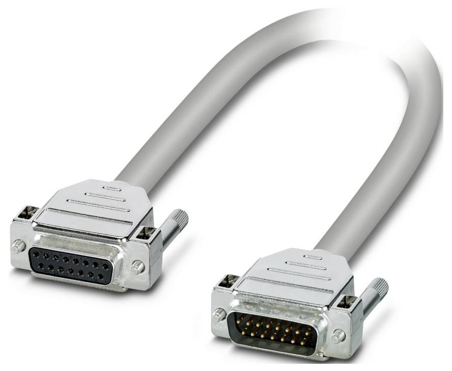 Un câble D-sub gris avec connecteurs, une extrémité mâle avec broches métalliques visibles, l'autre femelle. Utilisé pour connecter des appareils électroniques.