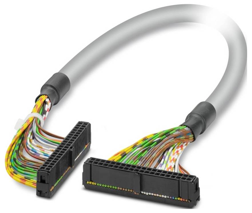 Un câble plat avec des fils multicolores et deux connecteurs noirs à chaque extrémité, utilisé pour les connexions électroniques ou informatiques.