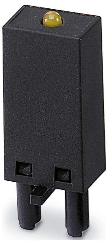 Un connecteur électrique noir avec deux broches et un indicateur jaune sur le dessus.