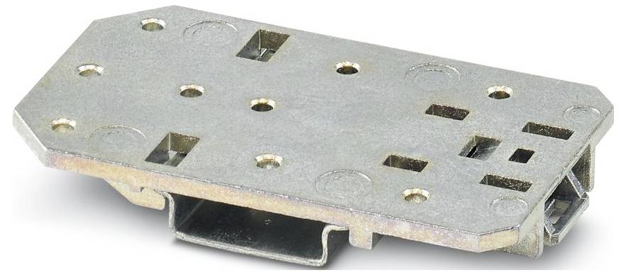 Une plaque de montage métallique rectangulaire avec plusieurs trous et découpes, utilisée pour attacher des composants dans des assemblages mécaniques ou électroniques.