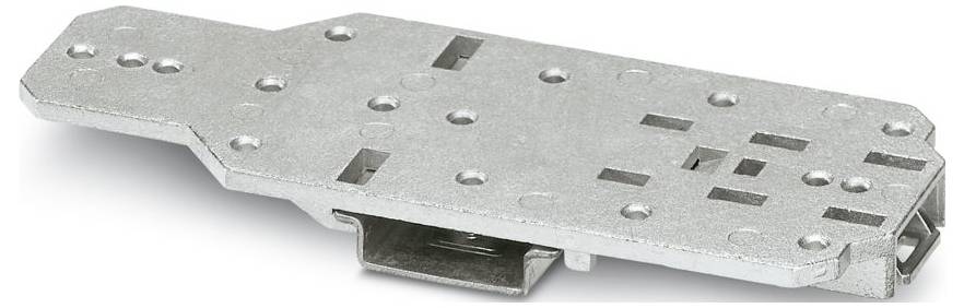 Une plaque de montage métallique plate et rectangulaire avec plusieurs trous et fentes pour fixer des composants ou des équipements, vue sous un angle.