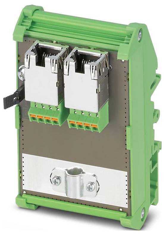 Un module de communication Ethernet industriel vert avec ports jumeaux et bornes à vis, utilisé pour connecter des appareils réseau dans les systèmes d'automatisation.
