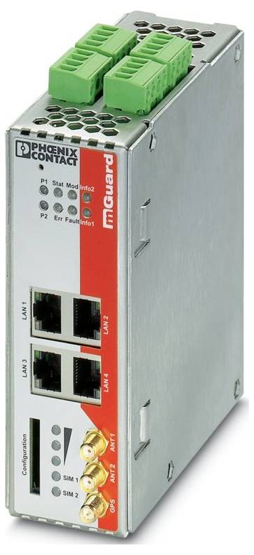 Un dispositif métallique étiqueté « Phoenix Contact mGuard » avec des ports réseau et de configuration, quatre ports LAN, et des emplacements pour deux cartes SIM.