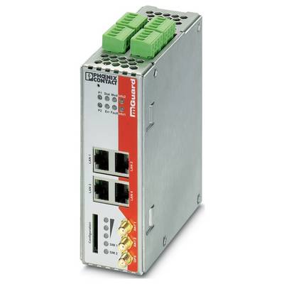 Un dispositif métallique étiqueté « Phoenix Contact mGuard » avec des ports réseau et de configuration, quatre ports LAN, et des emplacements pour deux cartes SIM.